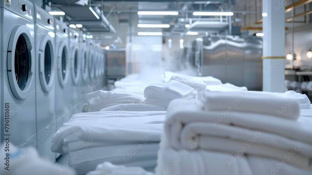 A high-end hotel laundry room, bustling with activity as large industrial washing machines and dryers handle a massive amount of bed linens and towels. Generative AI. A high-end hotel laundry room, bustling with activity as large industrial washing machines and dryers handle a massive amount of bed linens and towels. Generative AI.