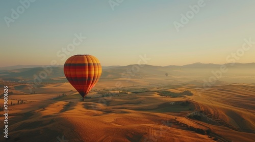 A hot air balloon gracefully floats above a vast desert landscape, with golden sand dunes and sparse vegetation below. The colorful balloon stands out against the clear blue sky.