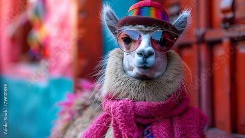 Llama in Peru wearing sunglasses costumes and hats adorable South American animals. Concept Animal Photoshoot, Llama Costumes, Peru Adventure, Cute Animals, South American Wildlife photo