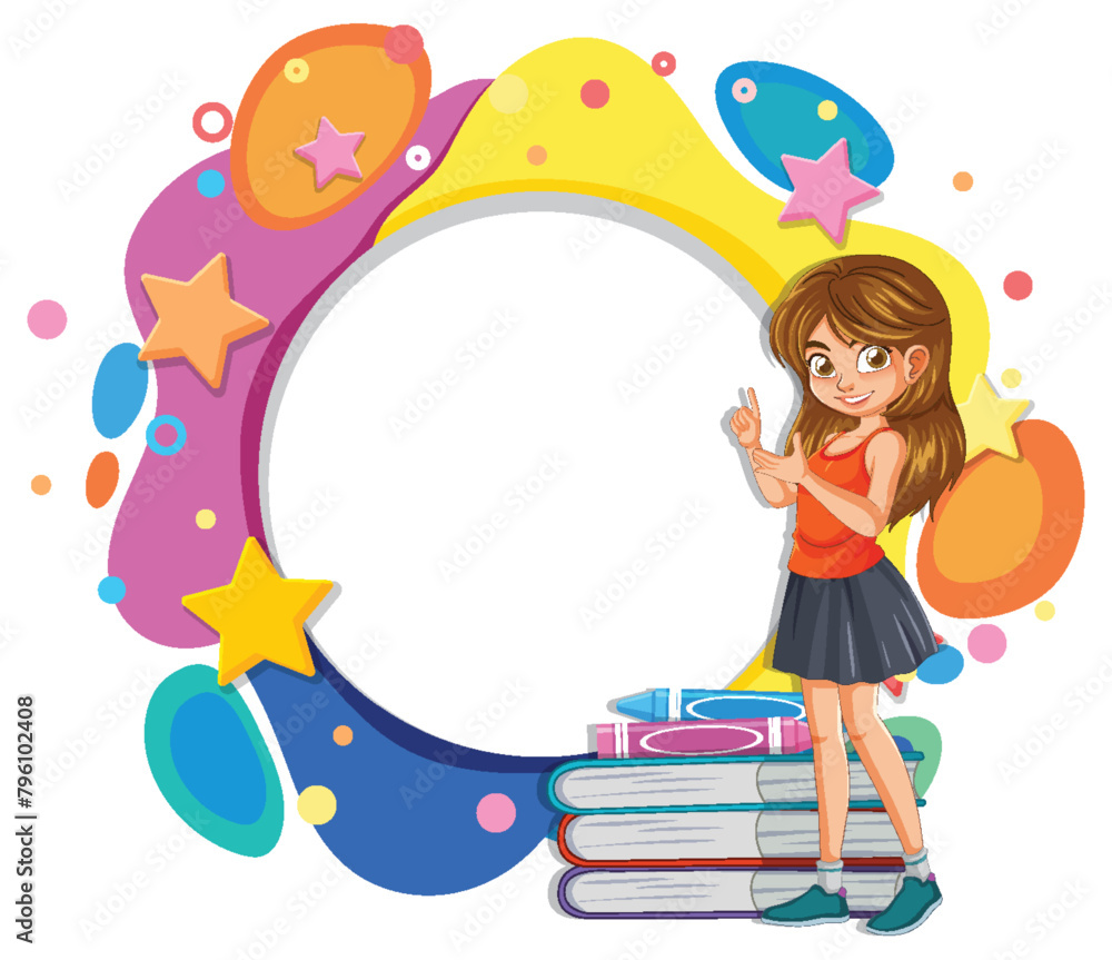 Fototapeta premium Young girl with books beside a vibrant, decorative frame.