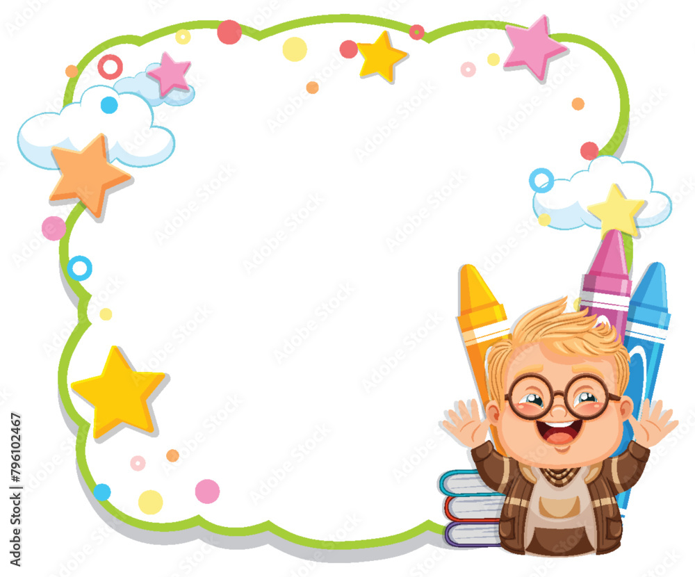 Naklejka premium Cheerful boy with crayons, surrounded by colorful frame