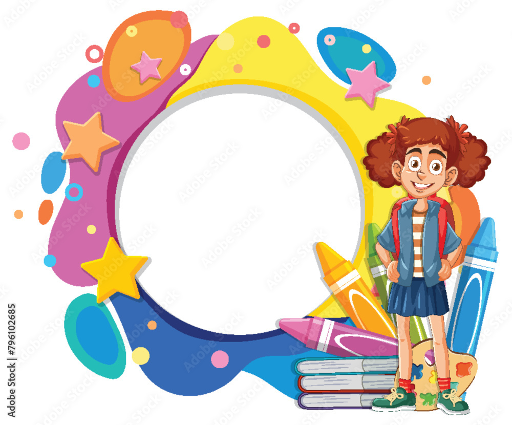 Naklejka premium Young girl with art tools and colorful frame