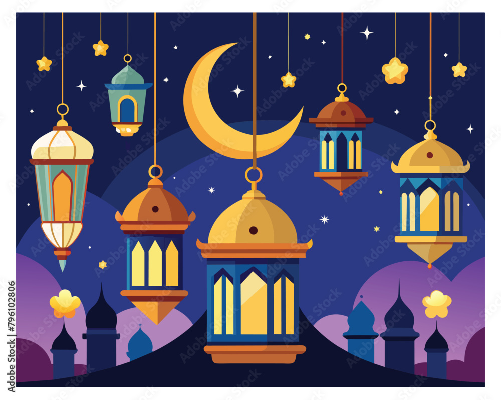 Arabian lantern moon and star vector illustration