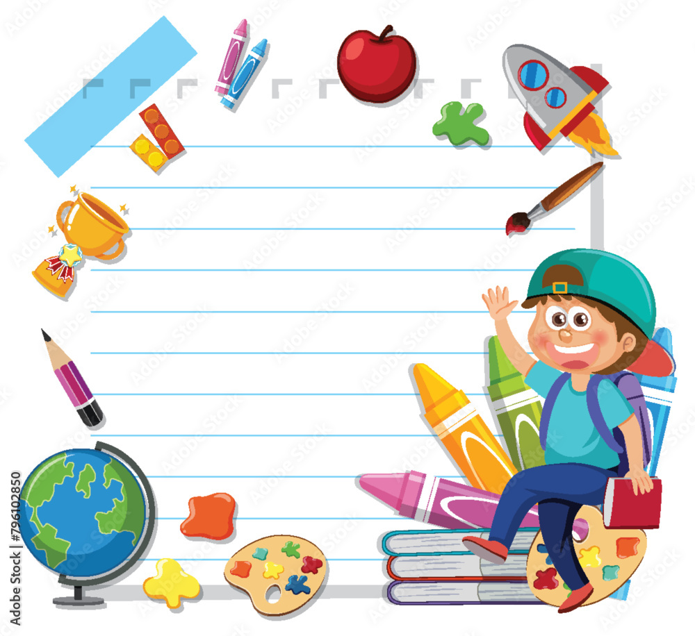 Obraz premium Colorful school supplies and happy child illustration