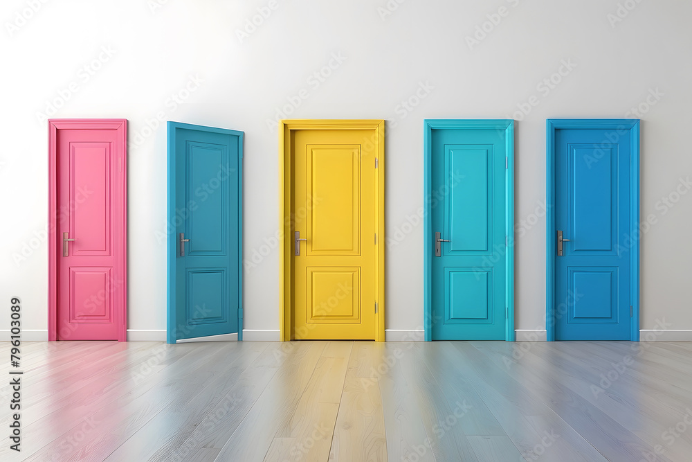 Five doors with empty walls. Five colourful doors on an isolated light ...