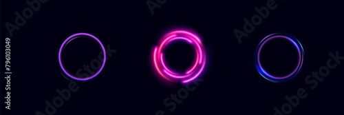 Neon swirl. Curve blue line light effect. Abstract ring background with glowing swirling background. Energy flow tunnel. Blue portal, platform. Magic circle vector.