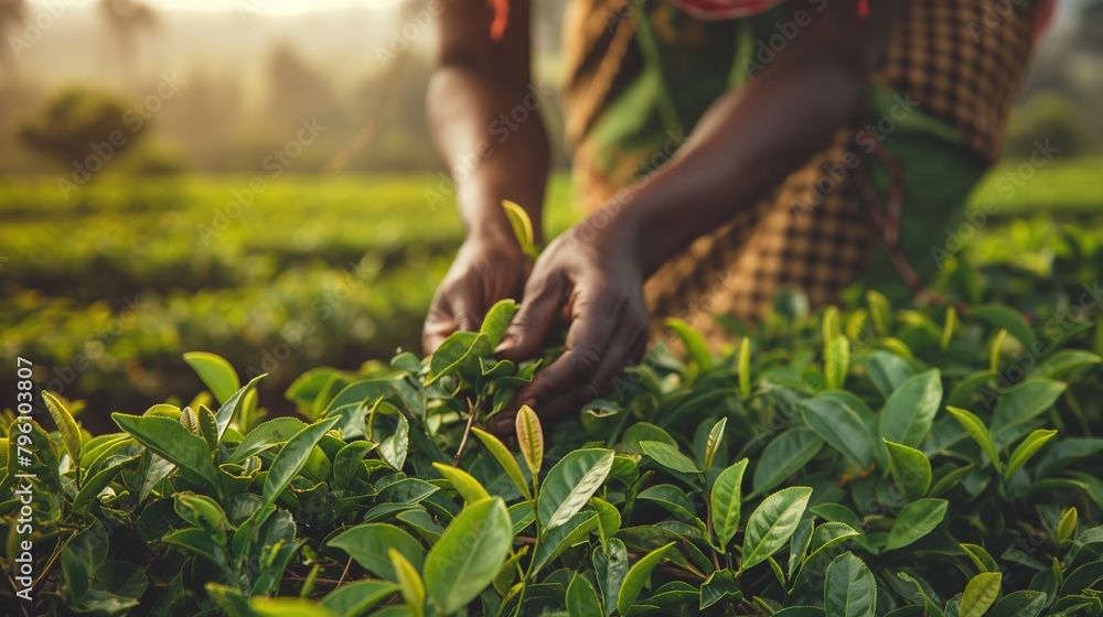 Hands African woman collects at a tea plantation pickers tea leaves, hard work 