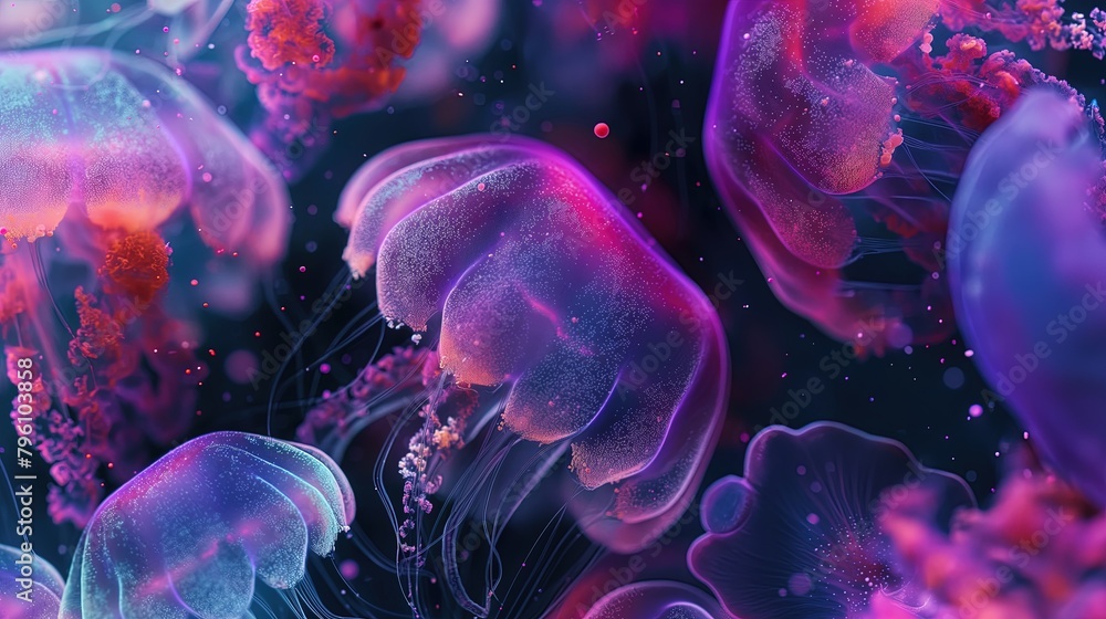 Background of features a group of jellyfish with long, flowing tentacles. Colored in shades of pink and purple in dark background and red tinge as well Background of features a group of jellyfish with long, flowing tentacles. Colored in shades of pink and purple in dark background and red tinge as well