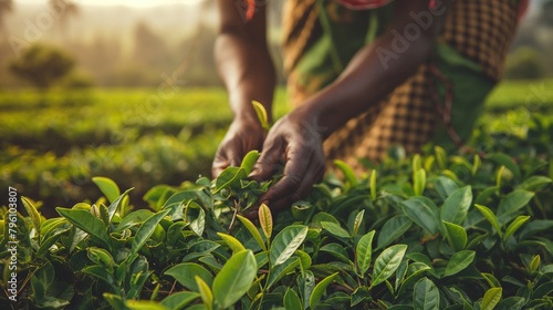 Hands African woman collects at a tea plantation pickers tea leaves, hard work 