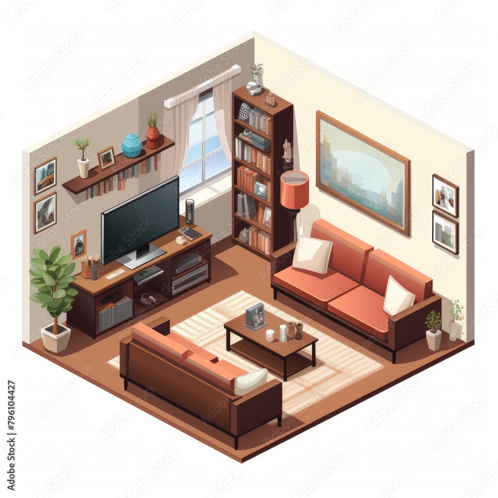 Isometric home rooms with furniture.