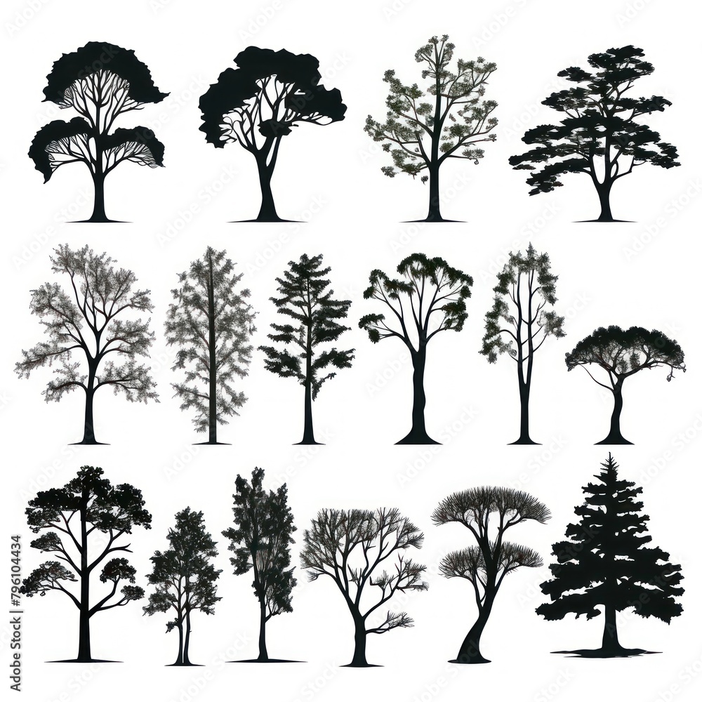Illustration of silhouette trees set on a white background. - obrazy, fototapety, plakaty 
