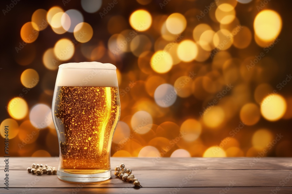 A glass of beer with frothy head sits on a wooden table in front of a blurred background - obrazy, fototapety, plakaty 