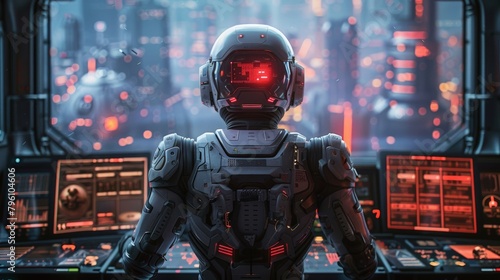 A cybernetic robot working on a computer screen inside a military cyberpunk facility photo