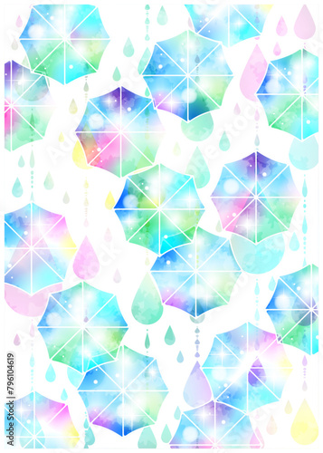 傘、虹色、雨、キラキラ、6月、梅雨、背景、イラスト、かわいい、縦型