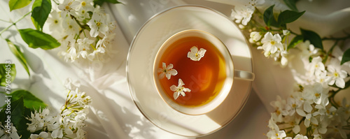 A composition depicting a cup of aromatic jasmine tea placed among a cluster of flowers, framed by a light background that allows text to be integrated.