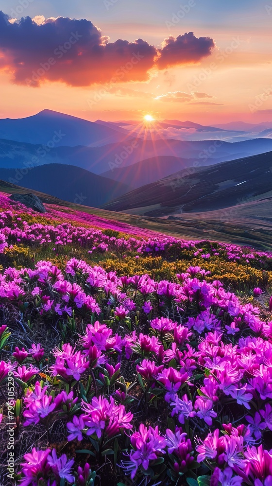 Sunset Over a Blooming Purple Mountain Meadow During Springtime