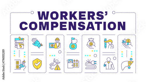 Workers compensation yellow word concept isolated on white. Business insurance, employees safeguard. Creative illustration banner surrounded by editable line colorful icons. Hubot Sans font used