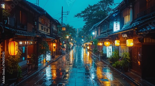 Gion Kyoto geishas district at night, narrow street and lanterns