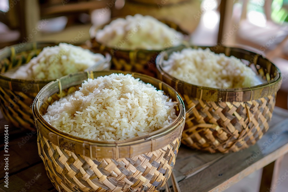 Lao Sticky Rice, handwoven basket, rural village feast Lao Sticky Rice, handwoven basket, rural village feast