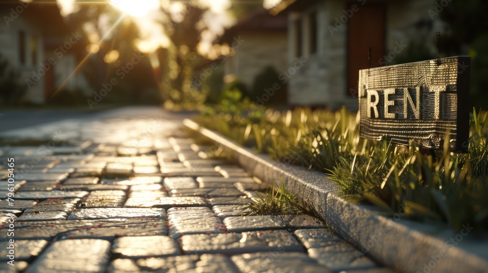 Street view of rustic style stone paving residences, in a modern residential suburban With rent sign.