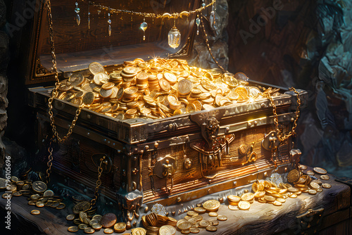 treasure chest overflowing with gold coins and jewels,