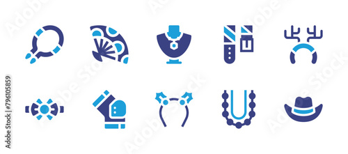 Accessories icon set. Duotone color. Vector illustration. Containing necklace, mongkhon, belt, kneepad, cowboy hat, reindeer antlers, bow tie, fan, headband. photo