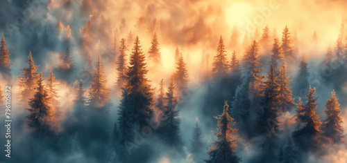 A dense forest spreads through the mountains  its treetops shrouded in gentle mist. The air is filled with the fresh clarity of the forest and covered in a dramatic sea of       clouds.