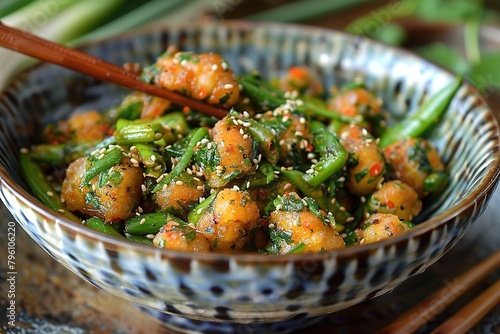 Close-up of a tasty Asian stir-fry dish with vegetables and sesame seeds in a blue bowl. photo