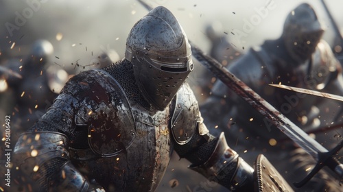 A group of men clad in armor are standing together, each holding a sword in a defensive stance. They appear ready for battle, showcasing their strength and valor.