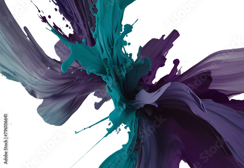 Purple color and teal color paint stroke on a solid white background, generative AI