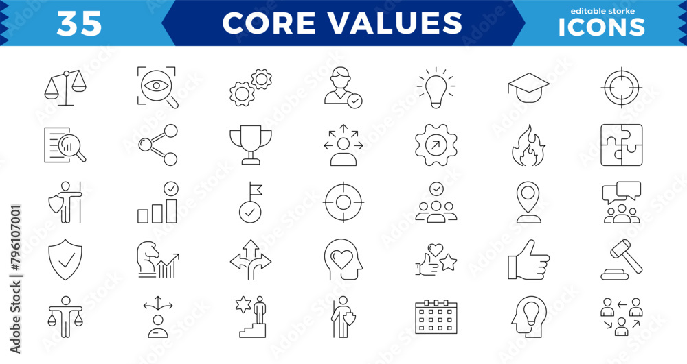 Simple Pixel Perfect Set of Core Values, Goals and Target Related Vector Line Icons. Contains thin Icons as Achievement,will to win, empathy, Aim, Motivation and more. Editable Stroke Simple Pixel Perfect Set of Core Values, Goals and Target Related Vector Line Icons. Contains thin Icons as Achievement,will to win, empathy, Aim, Motivation and more. Editable Stroke