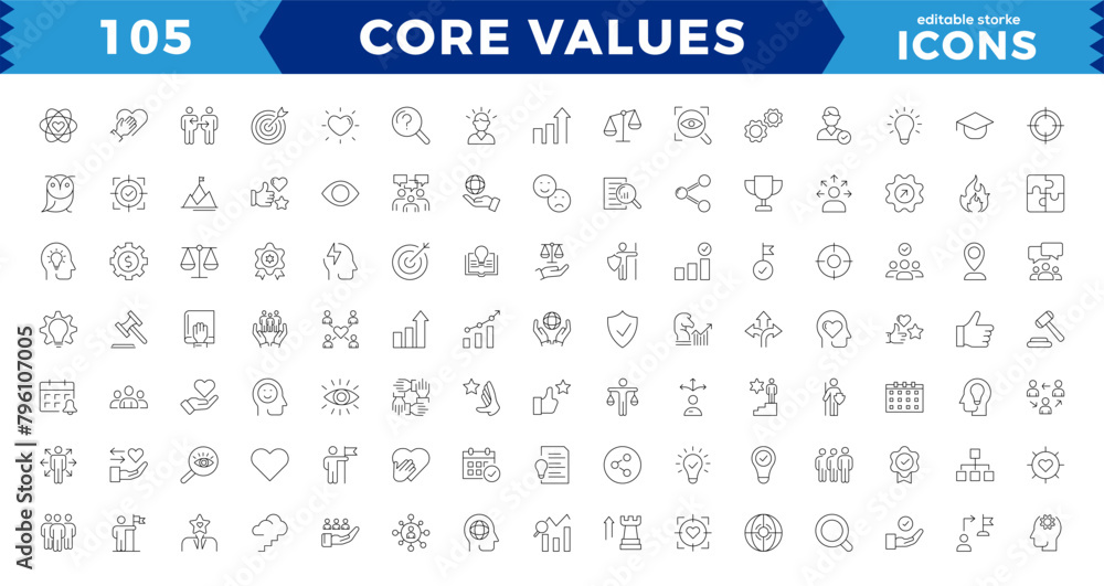 Simple Pixel Perfect Set of Core Values, Goals and Target Related Vector Line Icons. Contains thin Icons as Achievement,will to win, empathy, Aim, Motivation and more. Editable Stroke Simple Pixel Perfect Set of Core Values, Goals and Target Related Vector Line Icons. Contains thin Icons as Achievement,will to win, empathy, Aim, Motivation and more. Editable Stroke