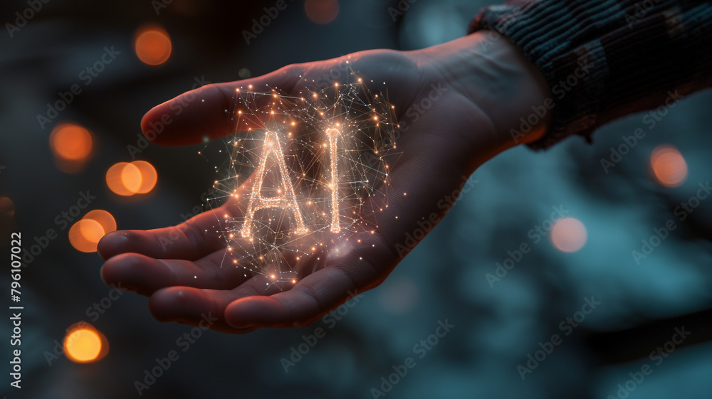 Uma mão humana estendida com um holograma da sigla IA na palma Stock ...