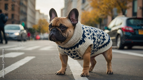 A dapper French Bulldog sporting a stylish sweater2. Generated AI.