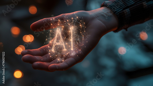 Uma mão humana estendida com um holograma da sigla IA na palma photo