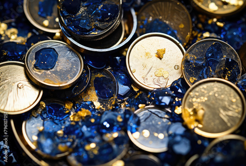 Shimmering Coins and Blue Gemstones Treasure