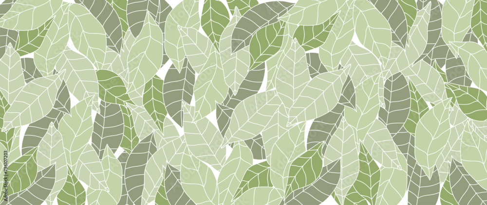 Fototapeta premium Abstract foliage botanical background vector. Green color wallpaper of tropical plants, leaf branches, leaves. Foliage design for banner, prints, decor, wall art, decoration.