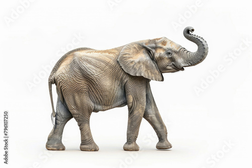 An elephant with its trunk raised, isolated on a white background