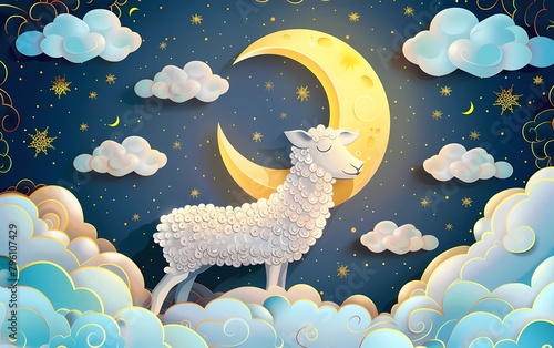 Eid Al-Fitr Mubarak. Greeting card with sacrificial lamb and crescent moon on cloudy night background.