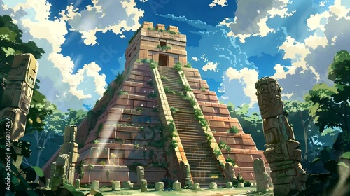 Mystical mayan temples. Ancient concept, anime illustration style, looping 4k video animation background photo