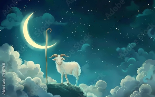 Eid Al-Fitr Mubarak. Greeting card with sacrificial lamb and crescent moon on cloudy night background. photo