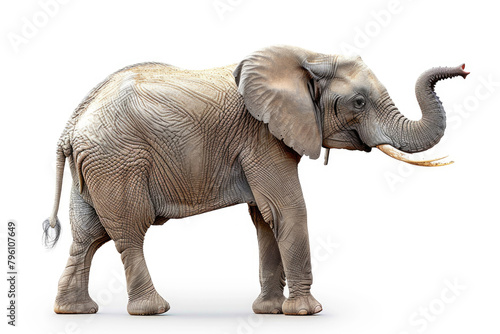 An elephant with its trunk raised  isolated on a white background