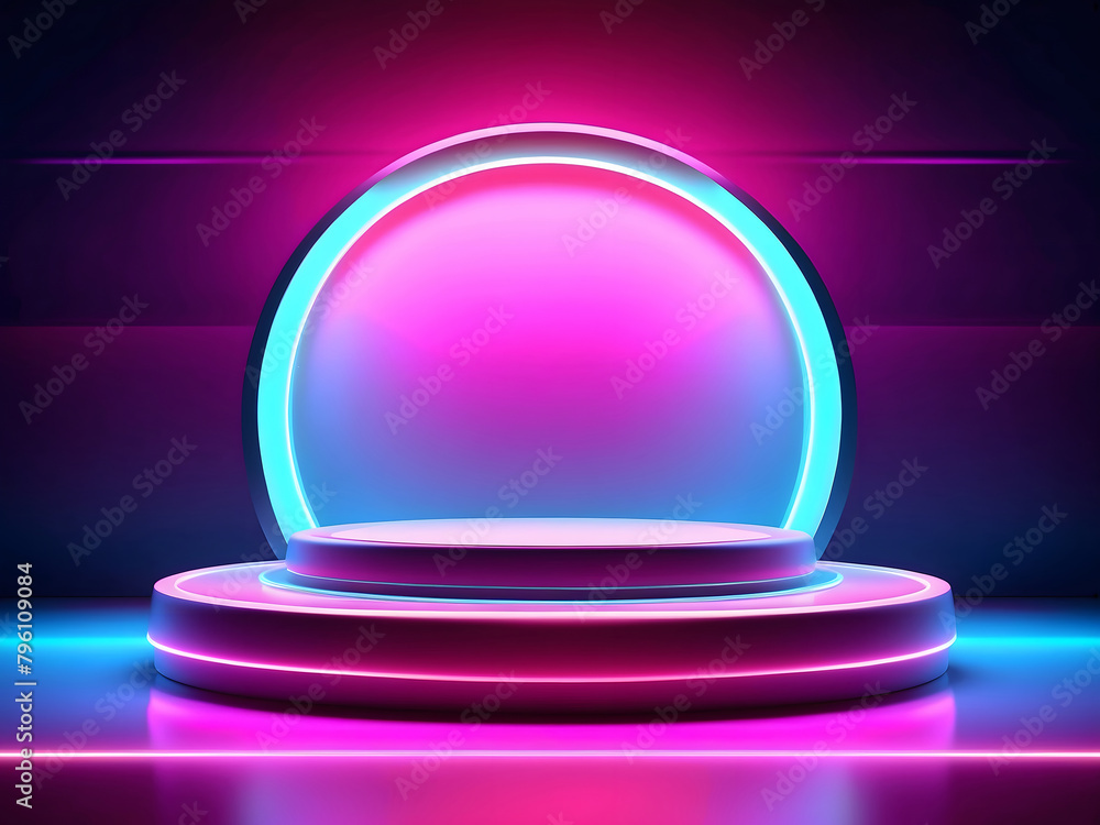Glowing neon background with an empty podium for product placement design. Glowing neon background with an empty podium for product placement design.
