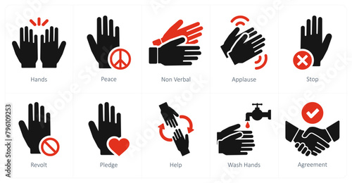 A set of 10 hands icons as hands, peace, non verbal photo
