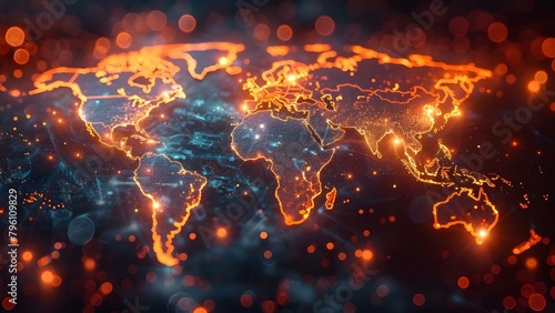 Glowing futuristic world map on dark background representing global connectivity and communication. Concept Futuristic Technology, Global Connectivity, Communication, World Map, Dark Background