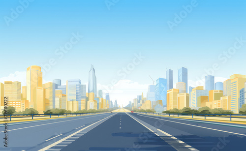 Animated Urban Skyline on Sunny Day Road View