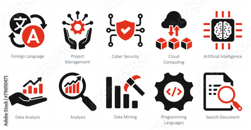 A set of 10 hard skills icons as foreign language, project management, cyber security