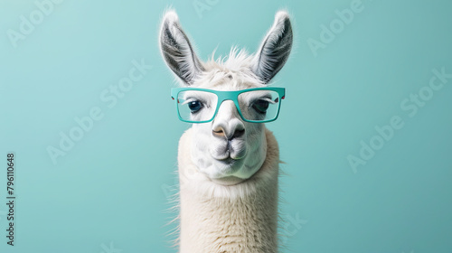 White llama wearing glasses. on pastel blue background