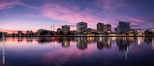 Serene Sunset Skyline and Reflective Water Panorama