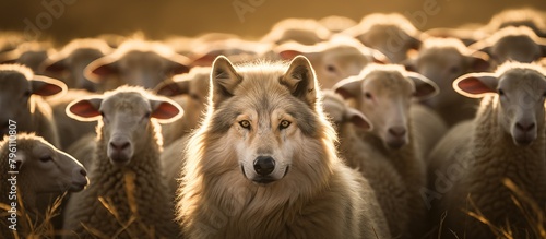 Wolf in a flock of sheep with wool clothing. Wolf pretending to be a sheep concept photo